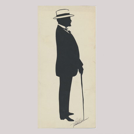 
        Front of silhouette, with man looking right, in suit, wearing glasses and a walking stick.
